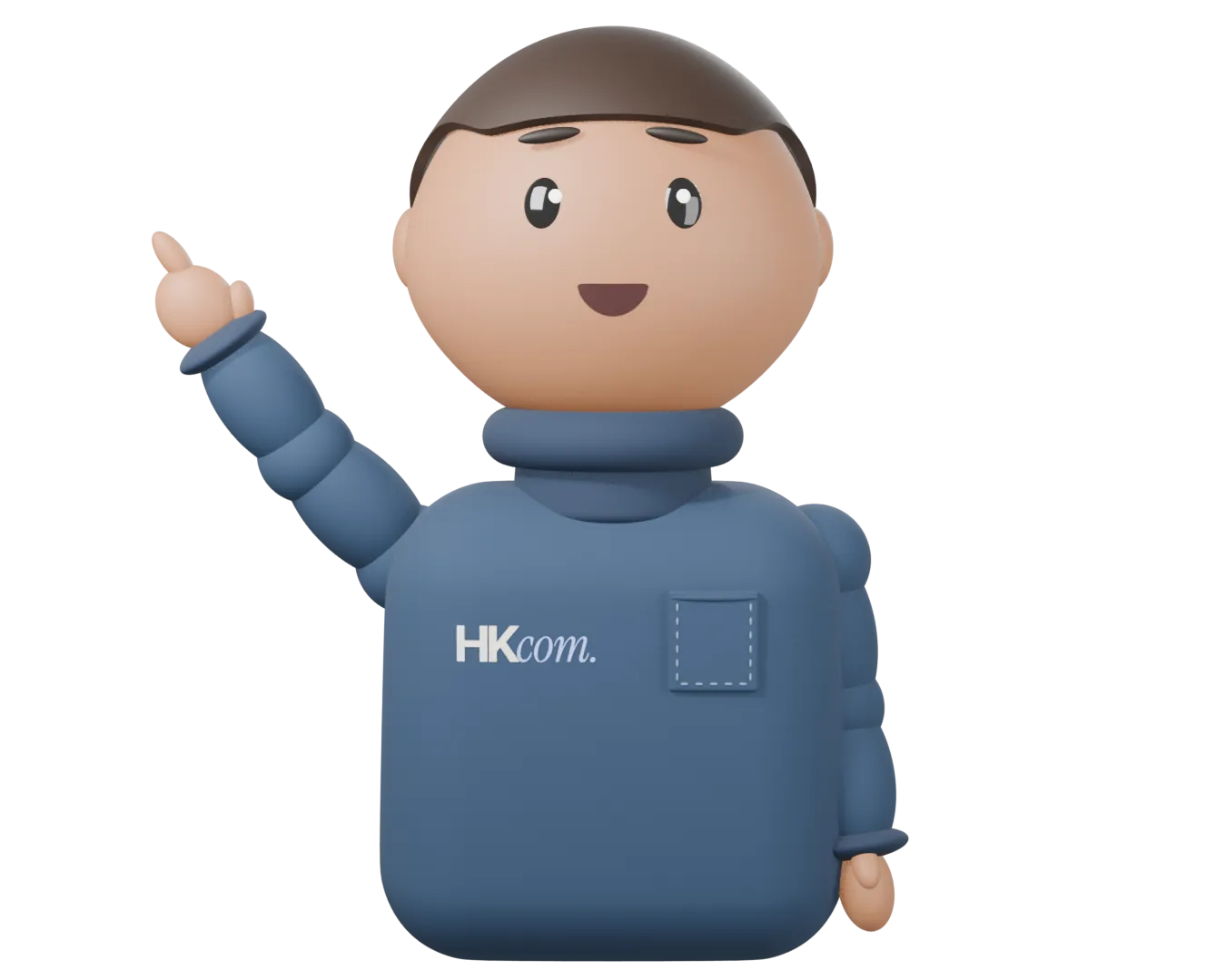 La mascotte HKCOM, en pull bleu marine, désigne notre offre IA